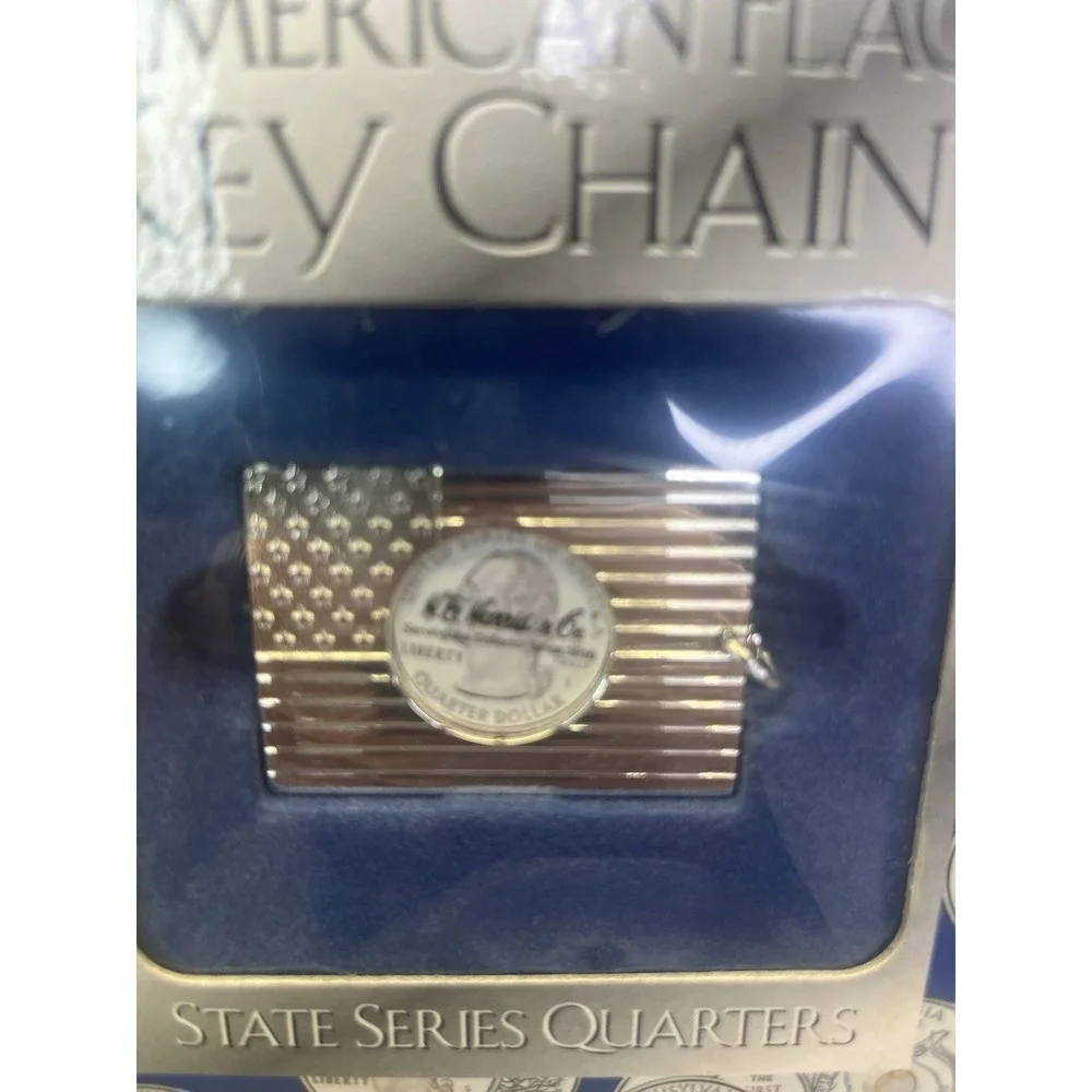 H.E. Harris Flag Keychain New Old Stock Car Truck American Flag Silver Plated